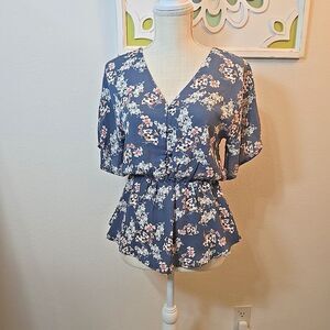 Sienna Sky Slate Blue Floral Peplum Blouse Size Small Elastic Waist Buttons
